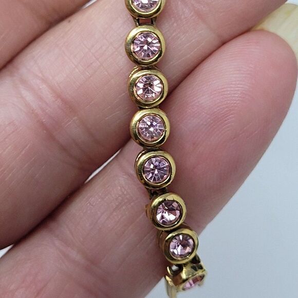 Vintage Signed Avon Pink Rhinestone Gold Tone Circle Box Chain Tennis Bracelet - Picture 4 of 11
